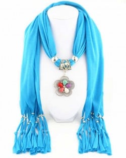 Artificial Turquoise Flower Pendant Solid Color Women Scarf Necklace - Blue