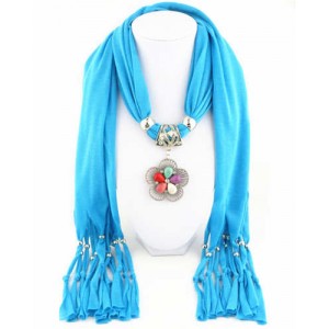 Artificial Turquoise Flower Pendant Solid Color Women Scarf Necklace - Blue