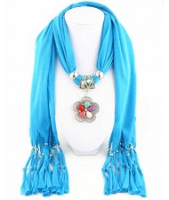 Artificial Turquoise Flower Pendant Solid Color Women Scarf Necklace - Blue