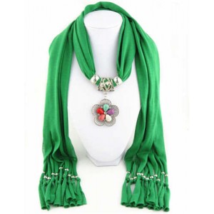 Artificial Turquoise Flower Pendant Solid Color Women Scarf Necklace - Green