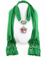 Artificial Turquoise Flower Pendant Solid Color Women Scarf Necklace - Green