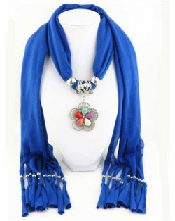 Artificial Turquoise Flower Pendant Solid Color Women Scarf Necklace - Royal Blue