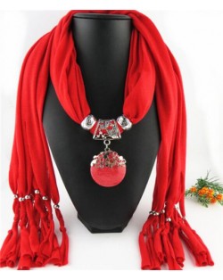 Folk Style Gem Embellished Waterdrop Pendant Design Women Scarf Necklace - Red