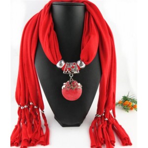 Folk Style Gem Embellished Waterdrop Pendant Design Women Scarf Necklace - Red