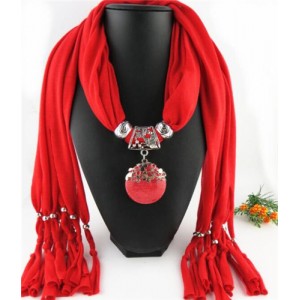 Folk Style Gem Embellished Waterdrop Pendant Design Women Scarf Necklace - Red