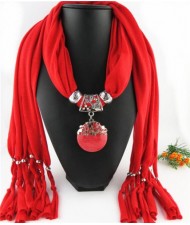 Folk Style Gem Embellished Waterdrop Pendant Design Women Scarf Necklace - Red