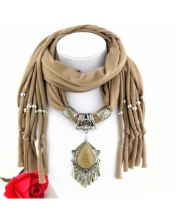 Folk Style Gem Embellished Waterdrop Pendant Design Women Scarf Necklace - Brown