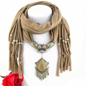 Folk Style Gem Embellished Waterdrop Pendant Design Women Scarf Necklace - Brown