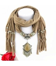 Folk Style Gem Embellished Waterdrop Pendant Design Women Scarf Necklace - Brown