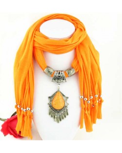 Folk Style Gem Embellished Waterdrop Pendant Design Women Scarf Necklace - Orange