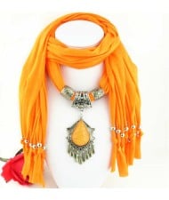 Folk Style Gem Embellished Waterdrop Pendant Design Women Scarf Necklace - Orange