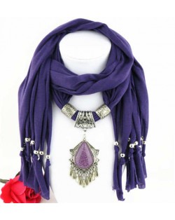 Folk Style Gem Embellished Waterdrop Pendant Design Women Scarf Necklace - Purple