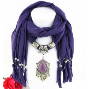 Folk Style Gem Embellished Waterdrop Pendant Design Women Scarf Necklace - Purple