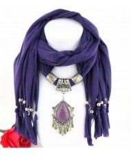 Folk Style Gem Embellished Waterdrop Pendant Design Women Scarf Necklace - Purple