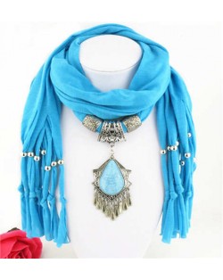 Folk Style Gem Embellished Waterdrop Pendant Design Women Scarf Necklace - Blue