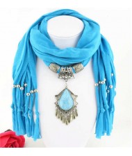 Folk Style Gem Embellished Waterdrop Pendant Design Women Scarf Necklace - Blue