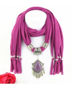 Folk Style Gem Embellished Waterdrop Pendant Design Women Scarf Necklace - Fuchsia