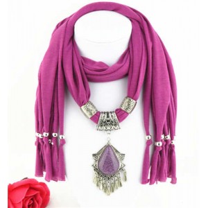 Folk Style Gem Embellished Waterdrop Pendant Design Women Scarf Necklace - Fuchsia