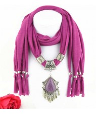 Folk Style Gem Embellished Waterdrop Pendant Design Women Scarf Necklace - Fuchsia