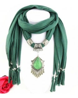 Folk Style Gem Embellished Waterdrop Pendant Design Women Scarf Necklace - Ink Green