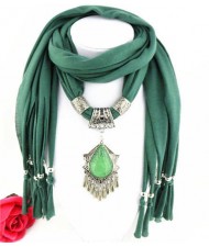 Folk Style Gem Embellished Waterdrop Pendant Design Women Scarf Necklace - Ink Green