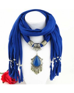 Folk Style Gem Embellished Waterdrop Pendant Design Women Scarf Necklace - Royal Blue