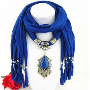 Folk Style Gem Embellished Waterdrop Pendant Design Women Scarf Necklace - Royal Blue