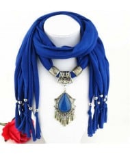 Folk Style Gem Embellished Waterdrop Pendant Design Women Scarf Necklace - Royal Blue
