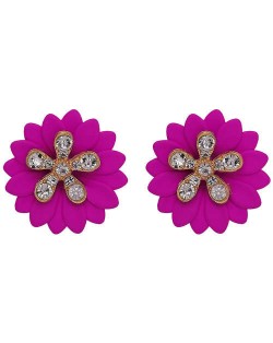 Rhinestone Embellished Daisy Design High Fashion Women Earrings - Fuchsia