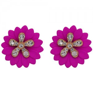 Rhinestone Embellished Daisy Design High Fashion Women Earrings - Fuchsia