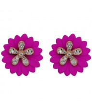 Rhinestone Embellished Daisy Design High Fashion Women Earrings - Fuchsia