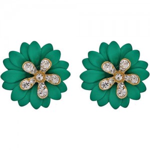 Rhinestone Embellished Daisy Design High Fashion Women Earrings - Green