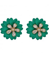 Rhinestone Embellished Daisy Design High Fashion Women Earrings - Green