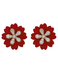 Rhinestone Embellished Daisy Design High Fashion Women Earrings - Red