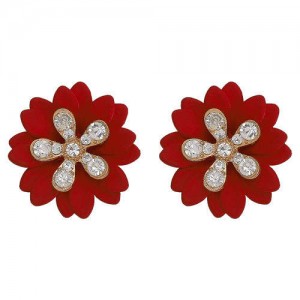 Rhinestone Embellished Daisy Design High Fashion Women Earrings - Red