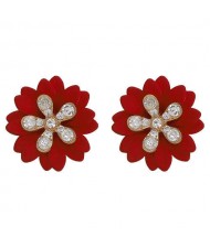 Rhinestone Embellished Daisy Design High Fashion Women Earrings - Red