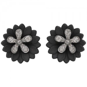 Rhinestone Embellished Daisy Design High Fashion Women Earrings - Black