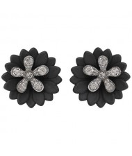 Rhinestone Embellished Daisy Design High Fashion Women Earrings - Black