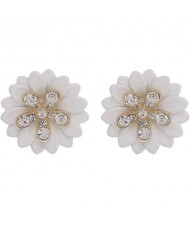 Rhinestone Embellished Daisy Design High Fashion Women Earrings - White