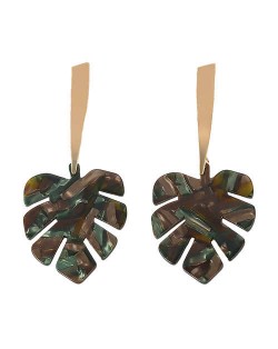 Acrylic Palm Leaves Design Women Fashion Statement Earrings - Black