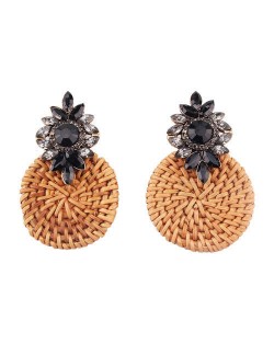 Bamboo Weaving Rhinestone Floral Design Vintage Fashion Earrings - Black