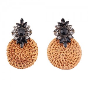 Bamboo Weaving Rhinestone Floral Design Vintage Fashion Earrings - Black