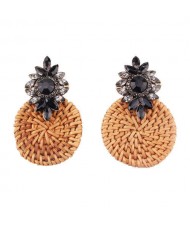 Bamboo Weaving Rhinestone Floral Design Vintage Fashion Earrings - Black