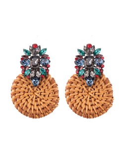 Bamboo Weaving Rhinestone Floral Design Vintage Fashion Earrings - Blue