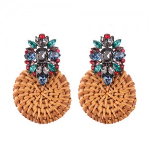 Bamboo Weaving Rhinestone Floral Design Vintage Fashion Earrings - Blue