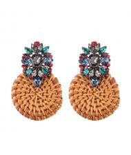 Bamboo Weaving Rhinestone Floral Design Vintage Fashion Earrings - Blue