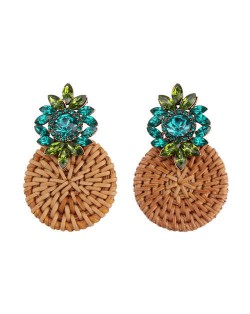 Bamboo Weaving Rhinestone Floral Design Vintage Fashion Earrings - Green