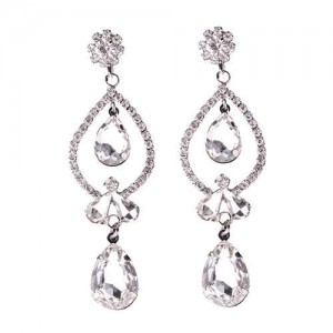 Rhinstone Waterdrops Inspired Hollow Design Women Fashion Statement Earrings - Transparent