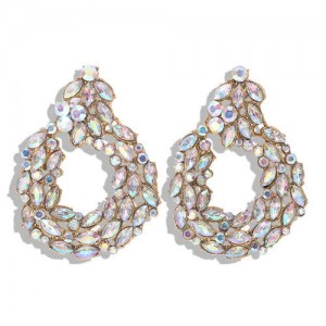 Rhinestone Leaves Hoop Design High Fashion Women Costume Earrings