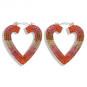 Rhinestone Heart Shape Hollow Fashion Women Statement Earrings - Red